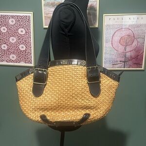 MAXX New York Tan and Black Woven Tote Bag with Leather Trim and Straps 👑